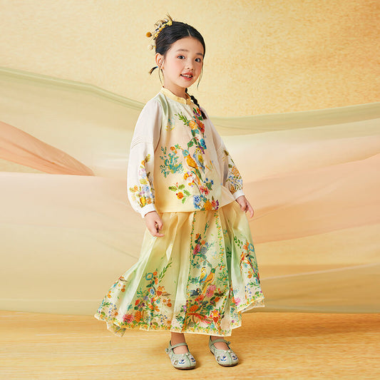 Floral Journey Garden Poem Mandarin Shirt-2 -  NianYi, Chinese Traditional Clothing for Kids