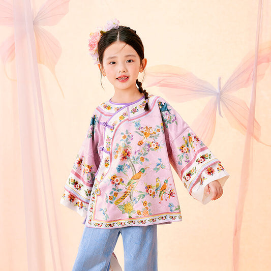 Floral Journey Bird And Flower Wide Sleeves Shirt-1 -  NianYi, Chinese Traditional Clothing for Kids