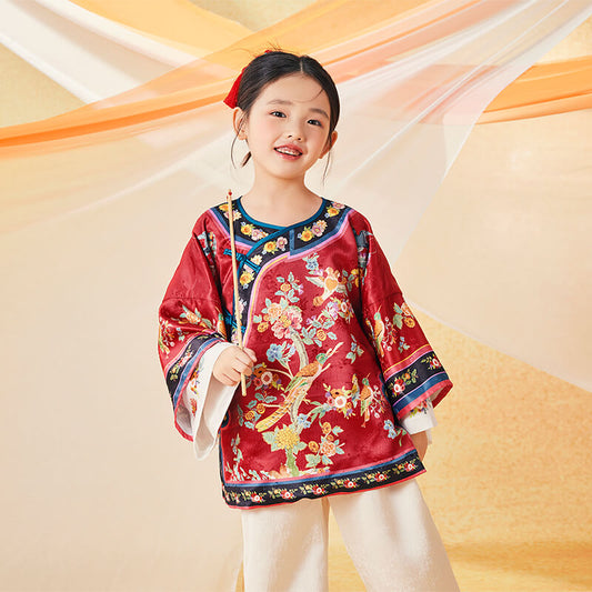 Floral Journey Bird And Flower Wide Sleeves Shirt-2-color-NianYi Red -  NianYi, Chinese Traditional Clothing for Kids