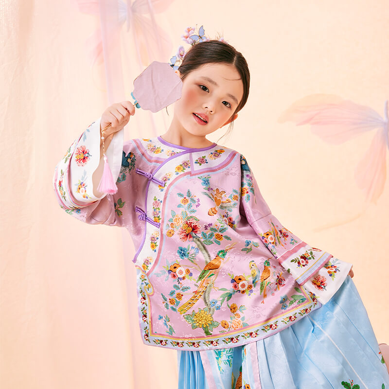 Floral Journey Bird And Flower Wide Sleeves Shirt-4-color-Pale Ivy Pink -  NianYi, Chinese Traditional Clothing for Kids