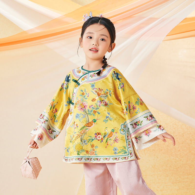 Floral Journey Bird And Flower Wide Sleeves Shirt-9-color-Kwai Fan Yellow -  NianYi, Chinese Traditional Clothing for Kids