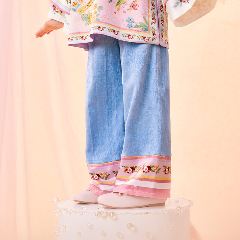 Floral Journey Colorblock Jacquard Pants-9-color-Cloud Water Blue -  NianYi, Chinese Traditional Clothing for Kids