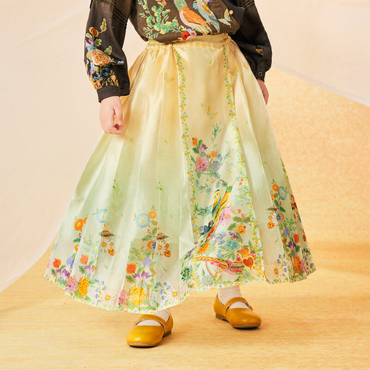 Floral Journey Bird and Flower Painting Mamian Dress-1 -  NianYi, Chinese Traditional Clothing for Kids