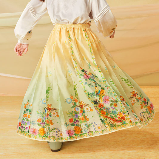 Floral Journey Bird and Flower Painting Mamian Dress-2 -  NianYi, Chinese Traditional Clothing for Kids