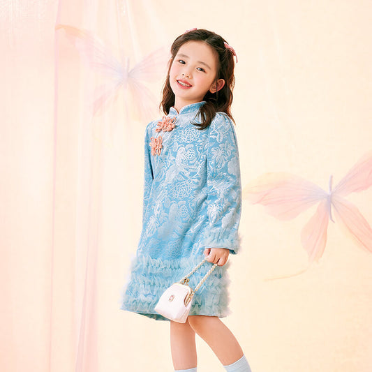 Floral Journey Jacquard Velvet Long Sleeves Modern Cheongsam-1 -  NianYi, Chinese Traditional Clothing for Kids