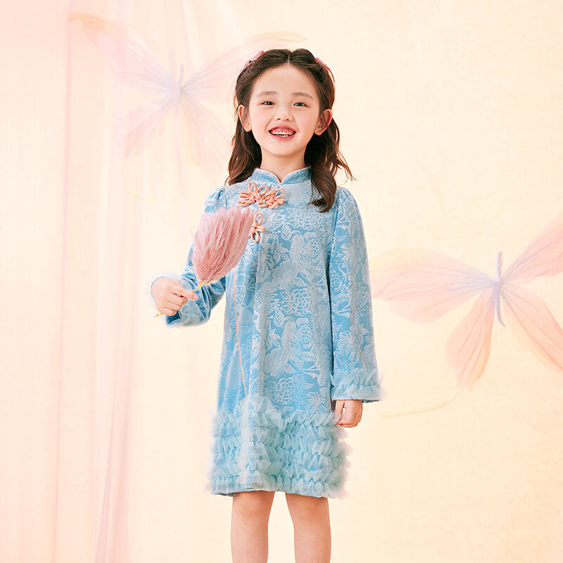 Floral Journey Jacquard Velvet Long Sleeves Modern Cheongsam-6-color-Vault Blue -  NianYi, Chinese Traditional Clothing for Kids