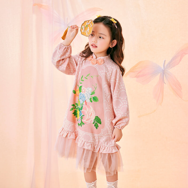 Floral Journey Garden Poem Flare Hemline Tutu Dress-8-color-Pale Crimson -  NianYi, Chinese Traditional Clothing for Kids