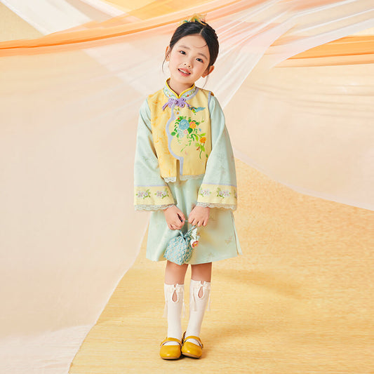 Floral Journey Bird and Flower Dress Plus Vest Suit-1 -  NianYi, Chinese Traditional Clothing for Kids