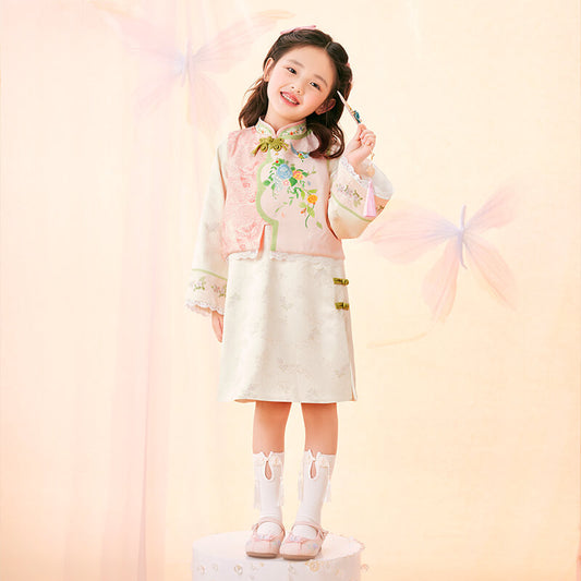 Floral Journey Bird and Flower Dress Plus Vest Suit-2 -  NianYi, Chinese Traditional Clothing for Kids