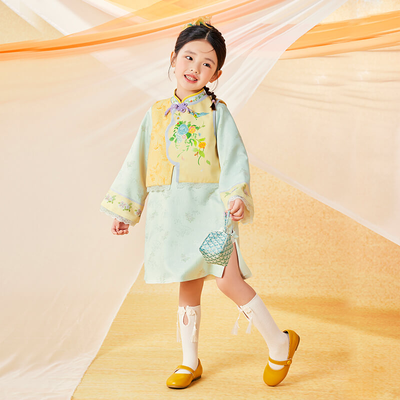 Floral Journey Bird and Flower Dress Plus Vest Suit-3 -  NianYi, Chinese Traditional Clothing for Kids