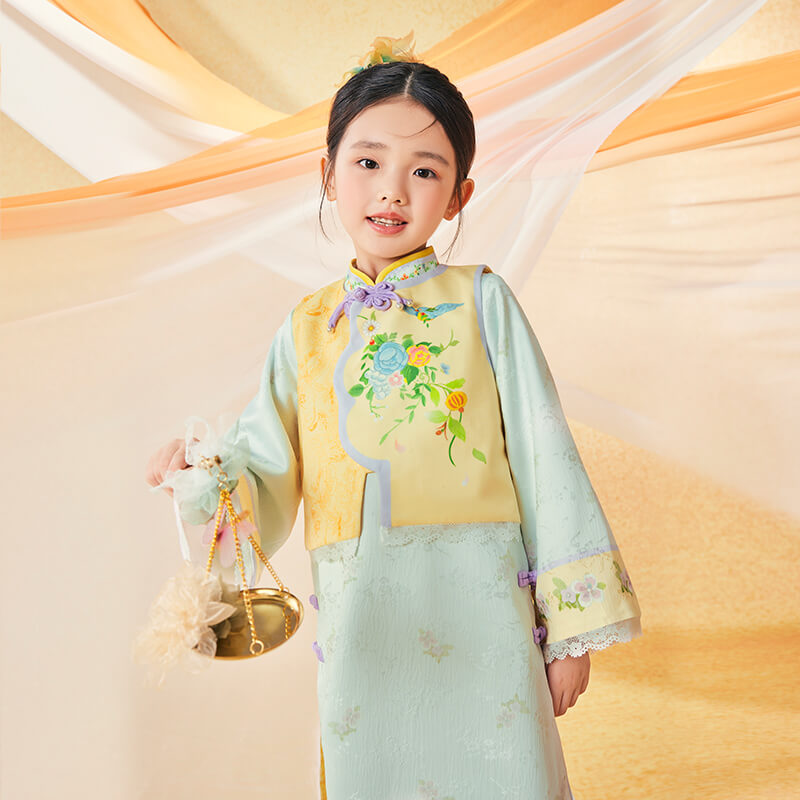 Floral Journey Bird and Flower Dress Plus Vest Suit-6 -  NianYi, Chinese Traditional Clothing for Kids