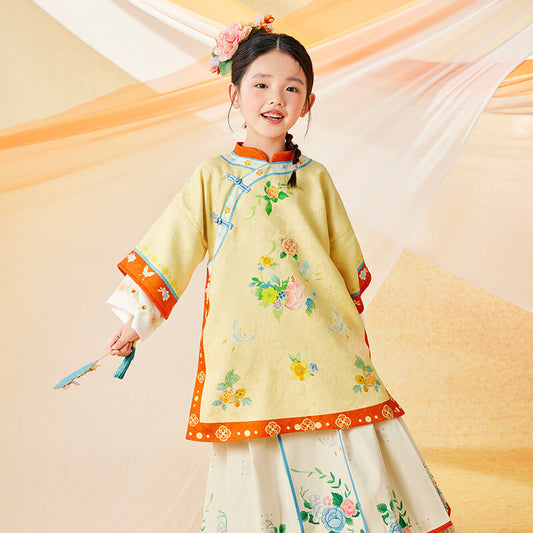 Floral Journey Colorblock Qi Robe Dress-1 -  NianYi, Chinese Traditional Clothing for Kids