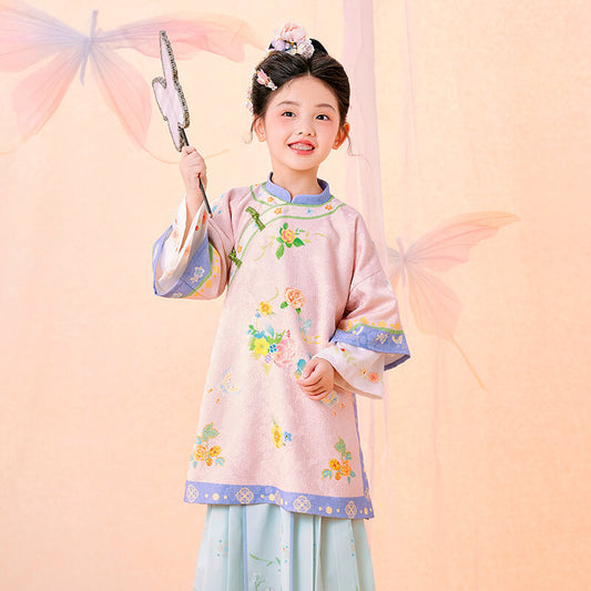 Floral Journey Colorblock Qi Robe Dress-2 -  NianYi, Chinese Traditional Clothing for Kids