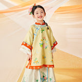 Floral Journey Colorblock Qi Robe Dress-3-color-Almond Yellow -  NianYi, Chinese Traditional Clothing for Kids