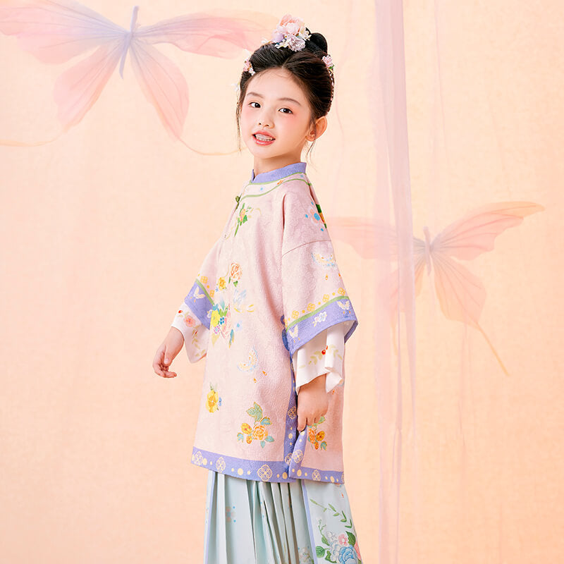 Floral Journey Colorblock Qi Robe Dress-8 -  NianYi, Chinese Traditional Clothing for Kids