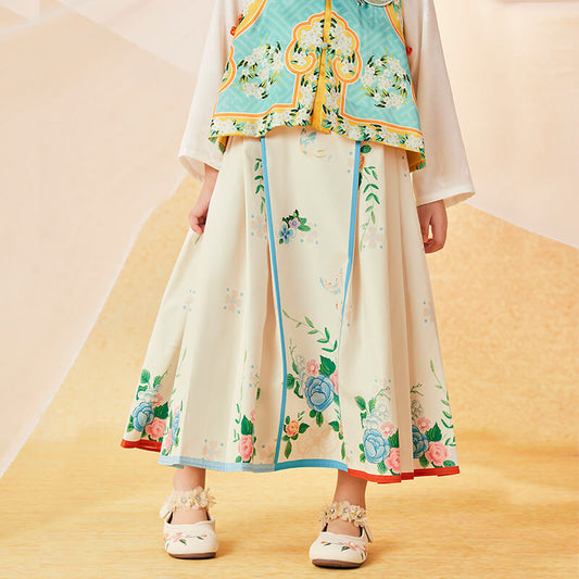 Floral Journey Colorblock Mamian Dress-1 -  NianYi, Chinese Traditional Clothing for Kids
