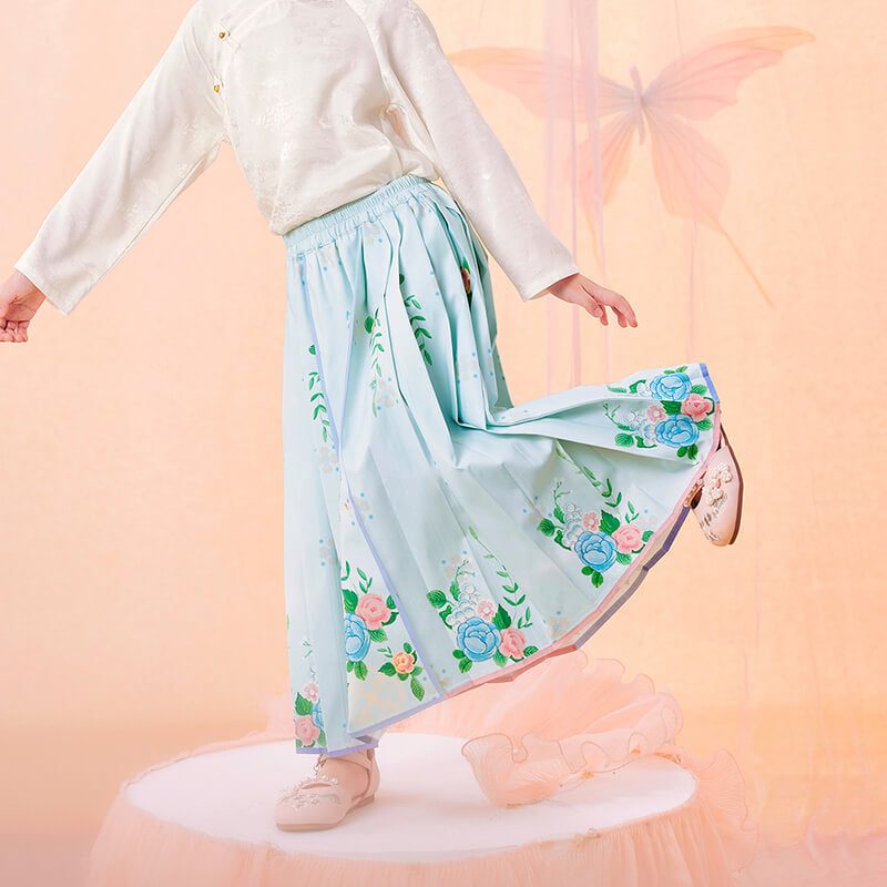 Floral Journey Colorblock Mamian Dress-8-color-Cloud Water Blue -  NianYi, Chinese Traditional Clothing for Kids