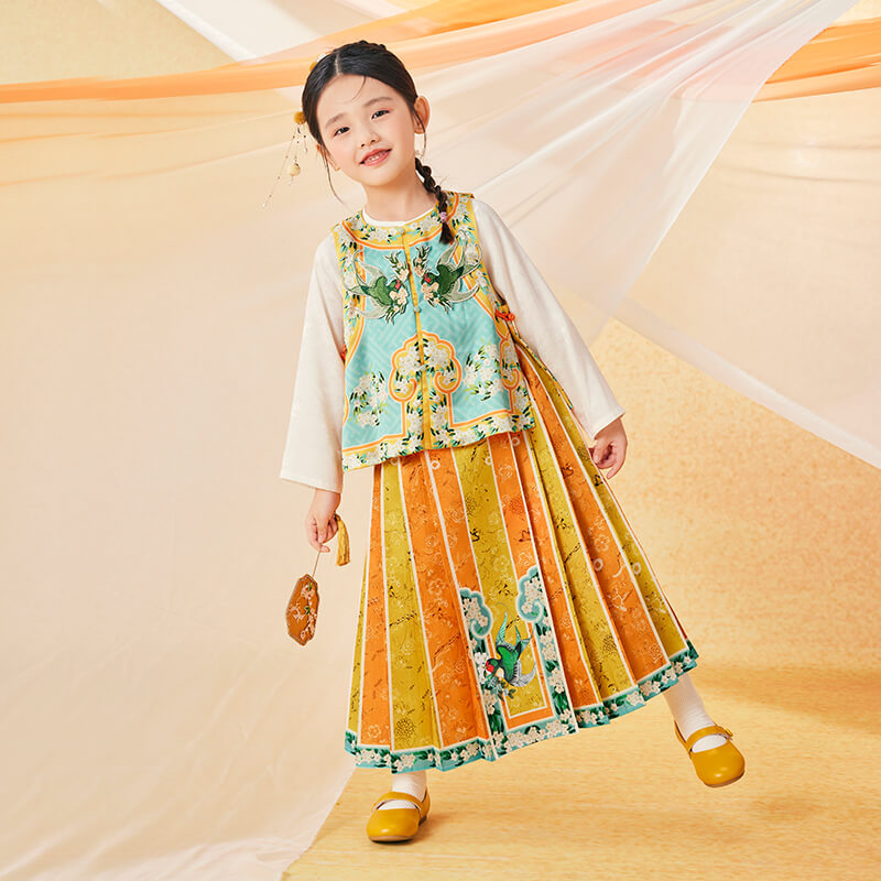 Floral Journey Colorblock Swallow Graphic Mamian Dress-8-color-Golden Hairpin Yellow -  NianYi, Chinese Traditional Clothing for Kids