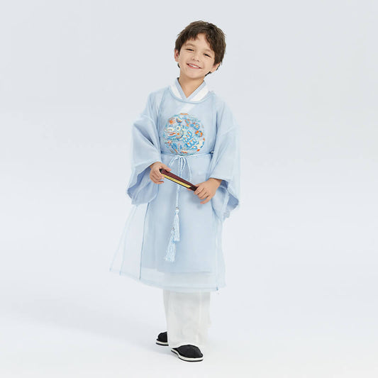 Dragon Graphic Round Collar Robe with Mesh Hanfu for Kids-Robe Only