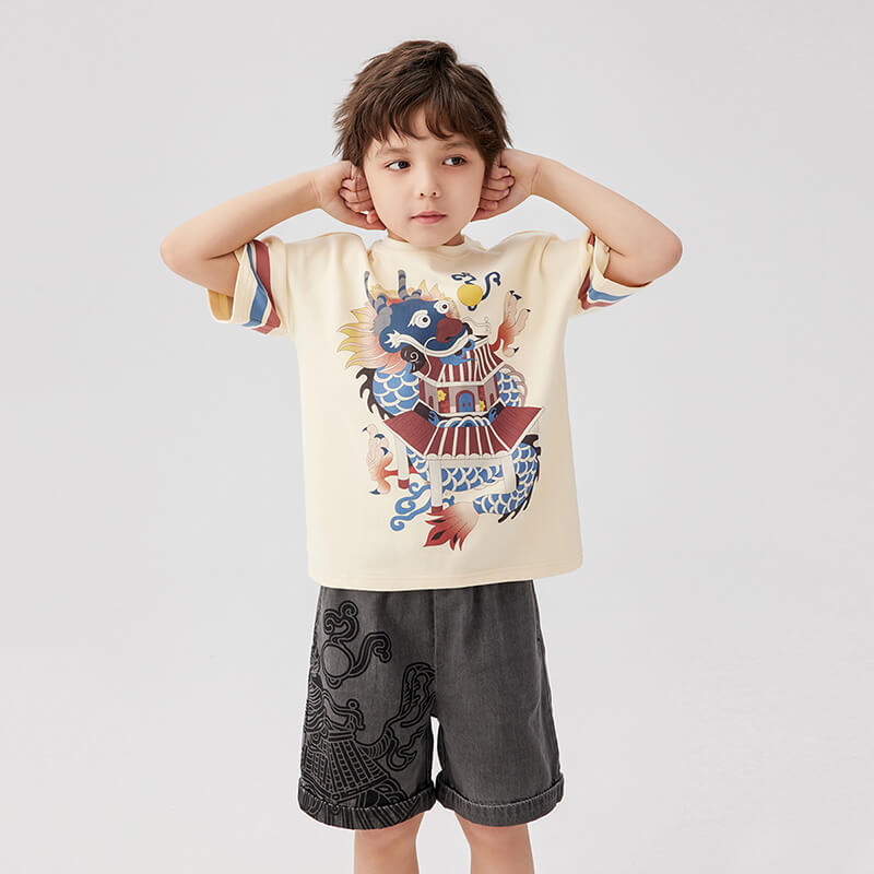 Dragon Loong Palace of Dragon King Graphic Tee-1-color-White Marble -  NianYi, Chinese Traditional Clothing for Kids