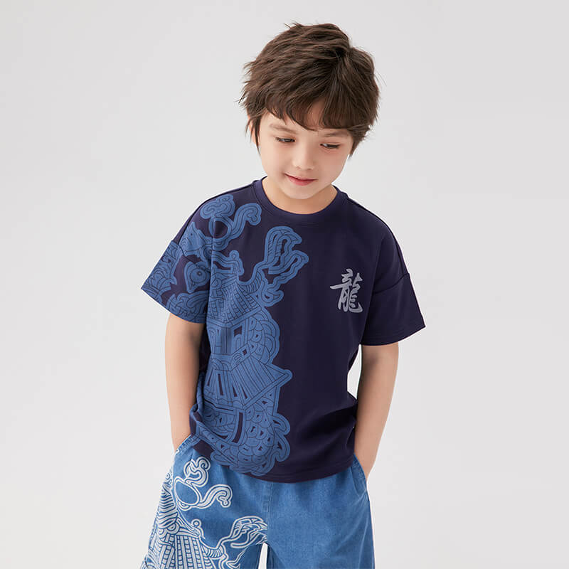 Dragon Loong Chinese Characters Tee-4-color-Yan Qin Blue -  NianYi, Chinese Traditional Clothing for Kids