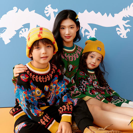 Dragon Long Dragons Playing with Pearls Colorblock Sweaters for Kids