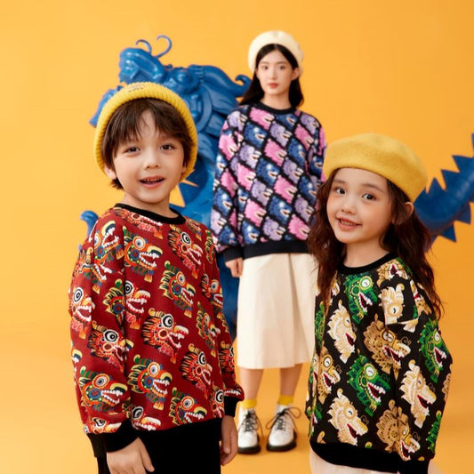 Dragon Long Busy Pattern Colorblock Swearshirt for Kids