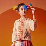 Traditional Chinese Realistic Bird and Flower Painting Mamian Pleated Dress and Shirt for Kids NOT a  Set