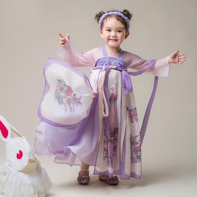 Joyful Garden Graphic Layered Hanfu Dress-2-color-Pale Ivy Pink -  NianYi, Chinese Traditional Clothing for Kids
