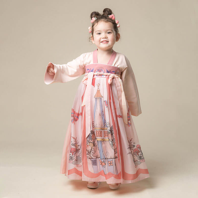 Joyful Garden Graphic Layered Hanfu Dress-6 -  NianYi, Chinese Traditional Clothing for Kids