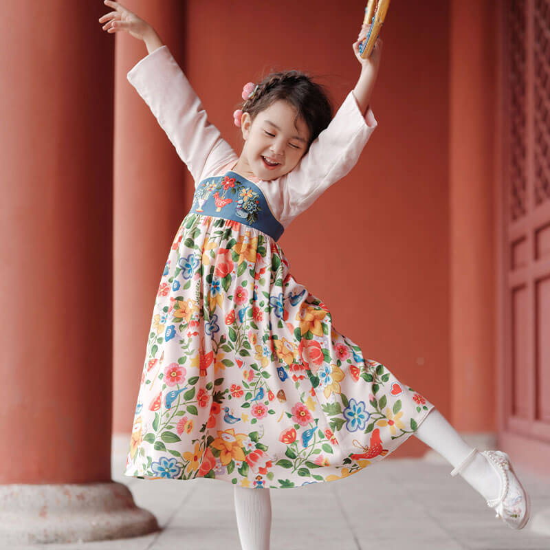 Bird and Flower Painting Hanfu Dress-1-color-Pale Ivy Pink -  NianYi, Chinese Traditional Clothing for Kids