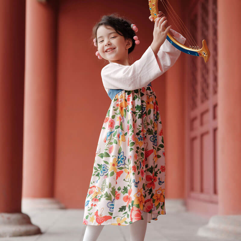 Bird and Flower Painting Hanfu Dress-2 -  NianYi, Chinese Traditional Clothing for Kids