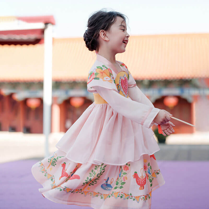 Bird and Flower Painting Ruffle Mesh Hanfu Dress-4-color-First Peach Pink -  NianYi, Chinese Traditional Clothing for Kids
