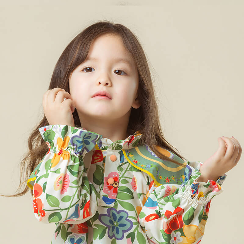 Flower Print Traditional Yunjian Collar Shirt-6-color-Tender Orange Green -  NianYi, Chinese Traditional Clothing for Kids