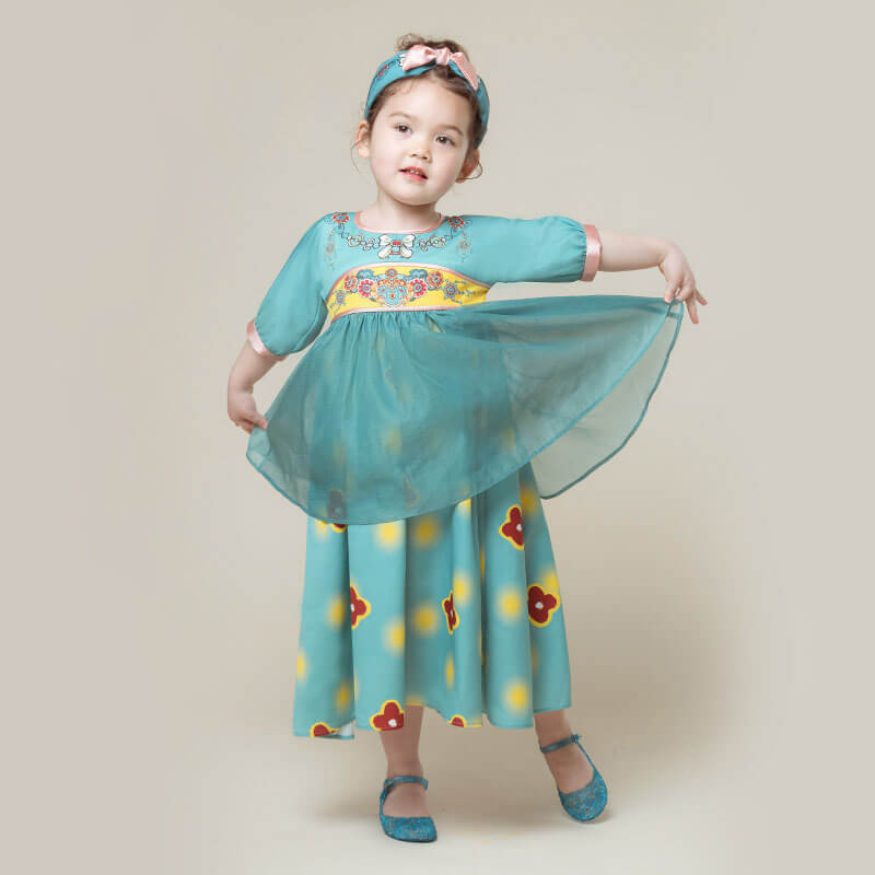 Flower Graphic Ruffle Mesh Dress-1-color-Jialing Water Green -  NianYi, Chinese Traditional Clothing for Kids