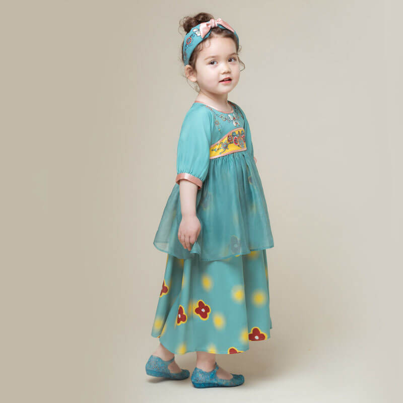 Flower Graphic Ruffle Mesh Dress-4 -  NianYi, Chinese Traditional Clothing for Kids