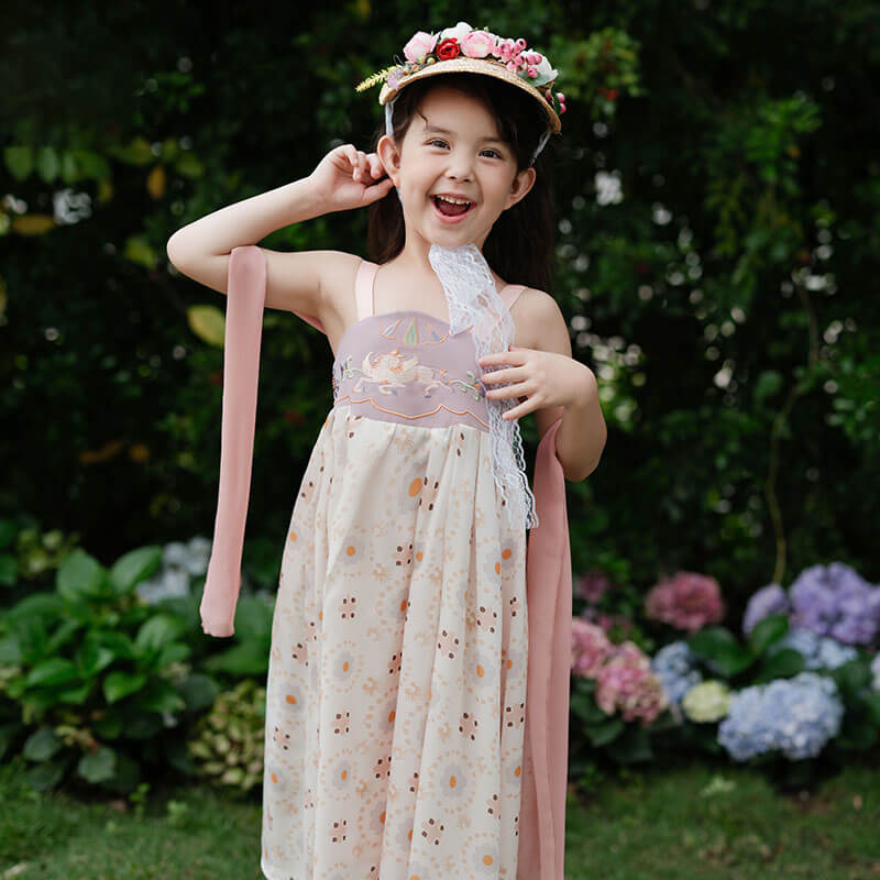Flower Graphic Modern Sleeveless Dress-4-color-Pale Crimson -  NianYi, Chinese Traditional Clothing for Kids