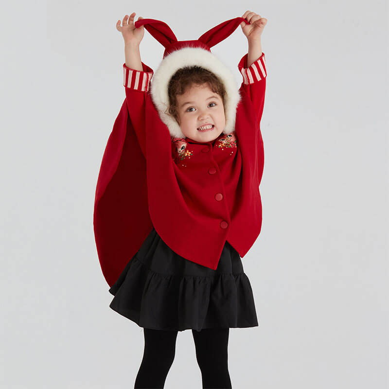 Bunny Ear Poncho-5-color-NianYi Red-6 -  NianYi, Chinese Traditional Clothing for Kids