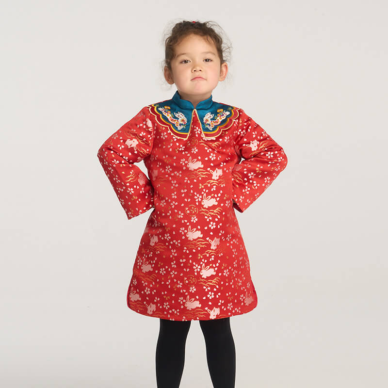 Happy Bunny Satin Qipao-7-color NianYi Red -  NianYi, Chinese Traditional Clothing for Kids