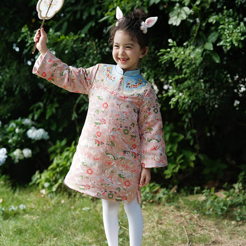 Happy Bunny Satin Qipao-8-color First Peach Pink -  NianYi, Chinese Traditional Clothing for Kids