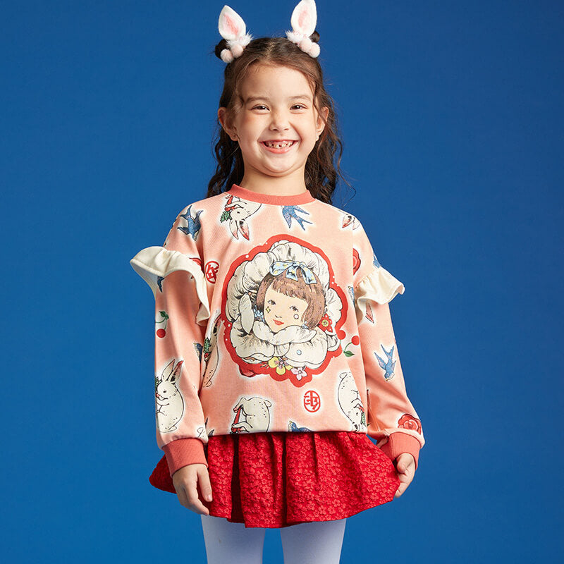 Cozy Bunny Ruffle Trim Sweatshirt-1 -  NianYi, Chinese Traditional Clothing for Kids