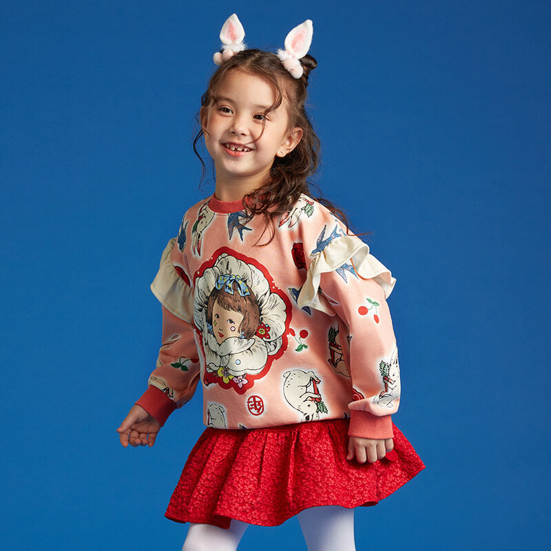 Cozy Bunny Ruffle Trim Sweatshirt-6 -  NianYi, Chinese Traditional Clothing for Kids