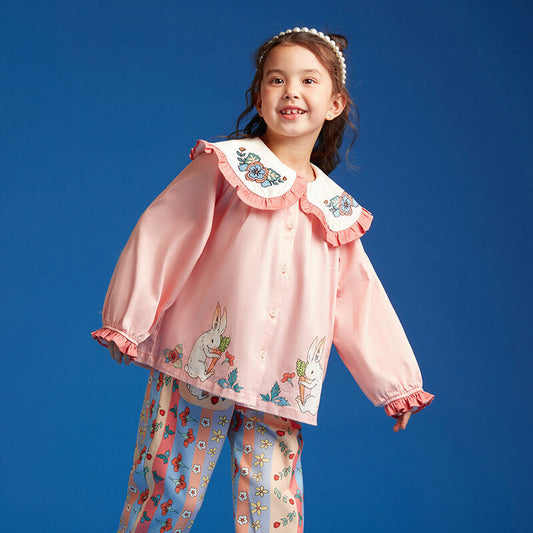 Ruffle Trim and Flounce Sleeve Blouse-1-color-Pale Crimson -  NianYi, Chinese Traditional Clothing for Kids