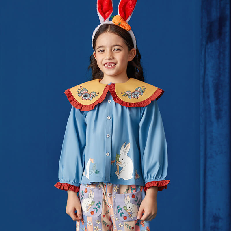 Ruffle Trim and Flounce Sleeve Blouse-7-color-Dark Blue -  NianYi, Chinese Traditional Clothing for Kids