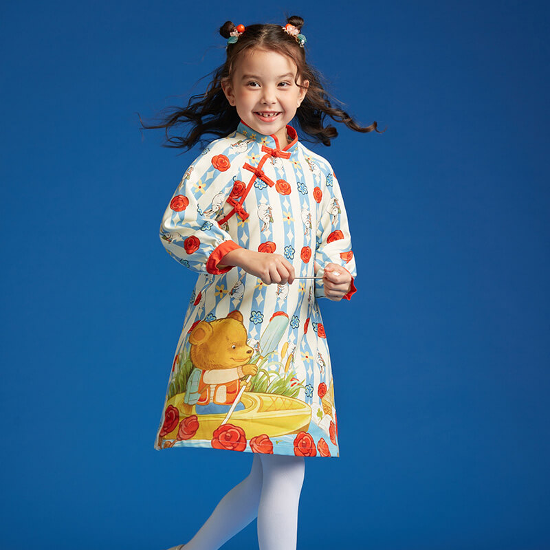Bear Explorer Modern Qipao Dress-4-color-Star Blue -  NianYi, Chinese Traditional Clothing for Kids