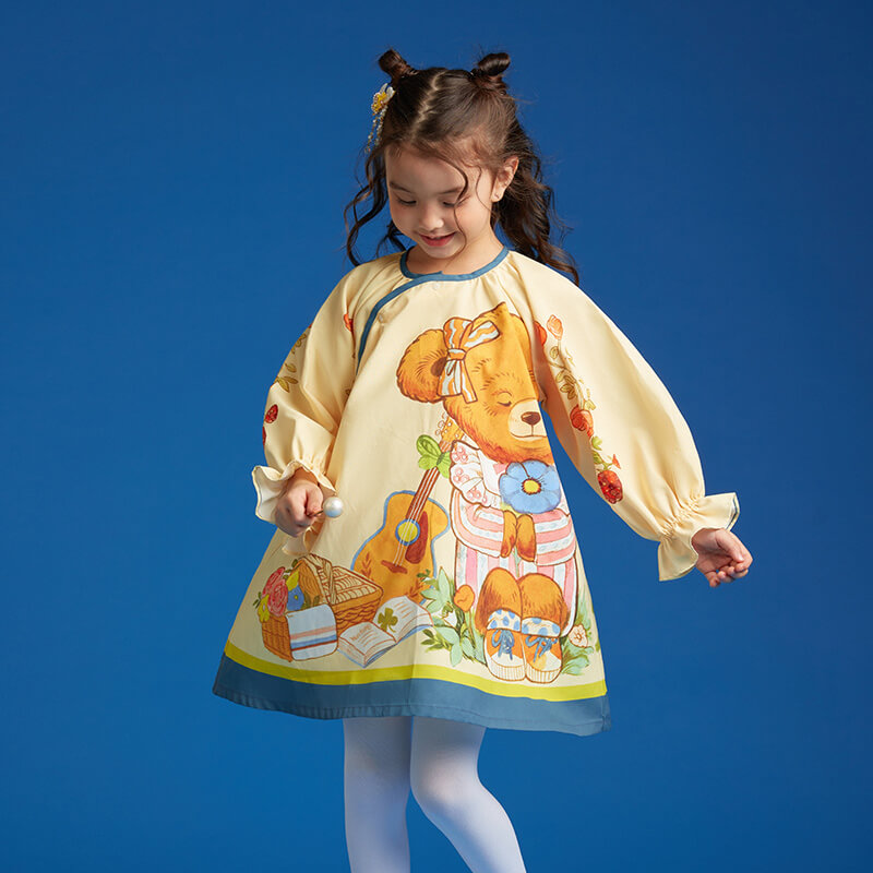 Bear Explorer Gathered Sleeve Dress-4-color-Butter Yellow -  NianYi, Chinese Traditional Clothing for Kids