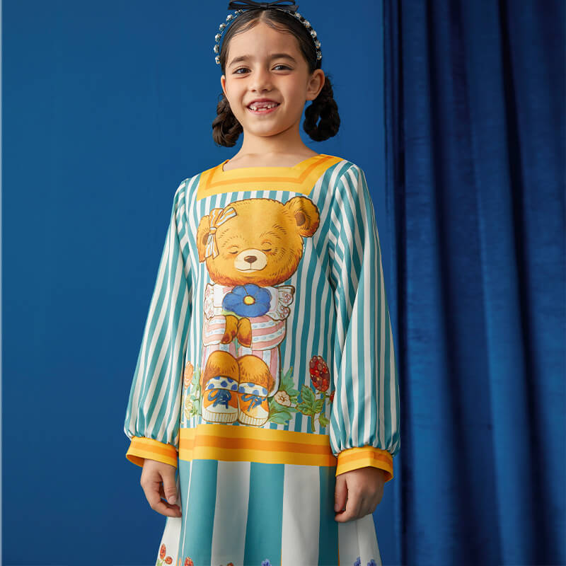 Bear Explorer Striped Dress-4 -  NianYi, Chinese Traditional Clothing for Kids
