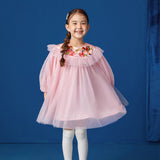 Embroidered Collar Mesh Dress-1-color-Litmus Pink -  NianYi, Chinese Traditional Clothing for Kids
