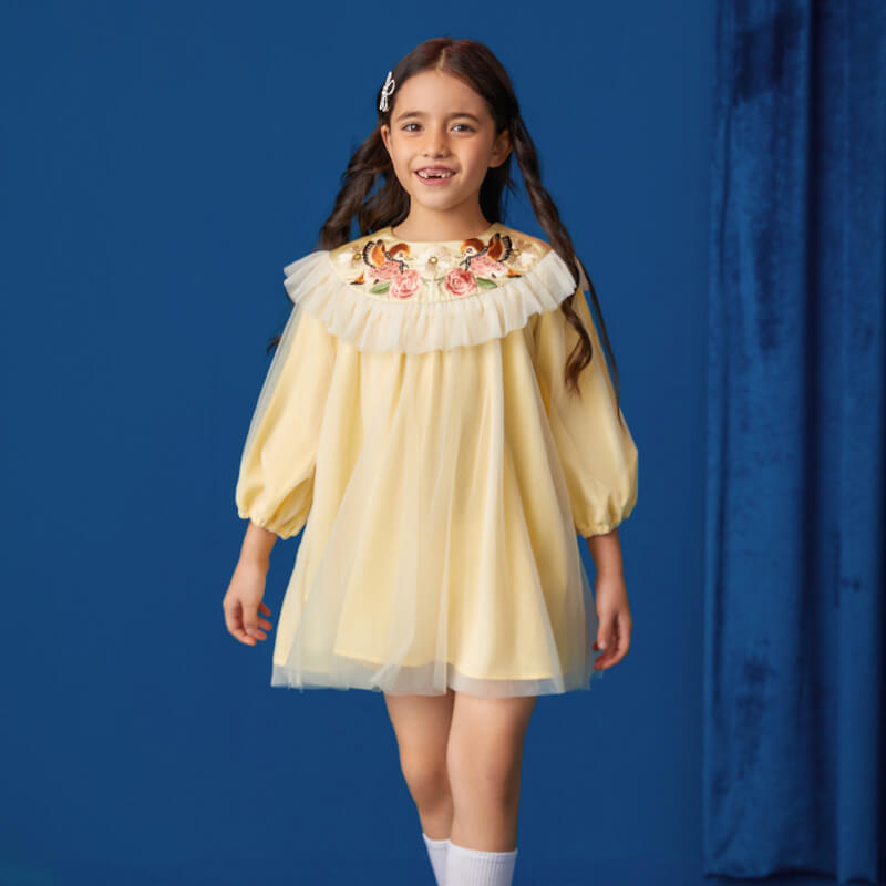 Embroidered Collar Mesh Dress-10-color-Butter Yellow -  NianYi, Chinese Traditional Clothing for Kids