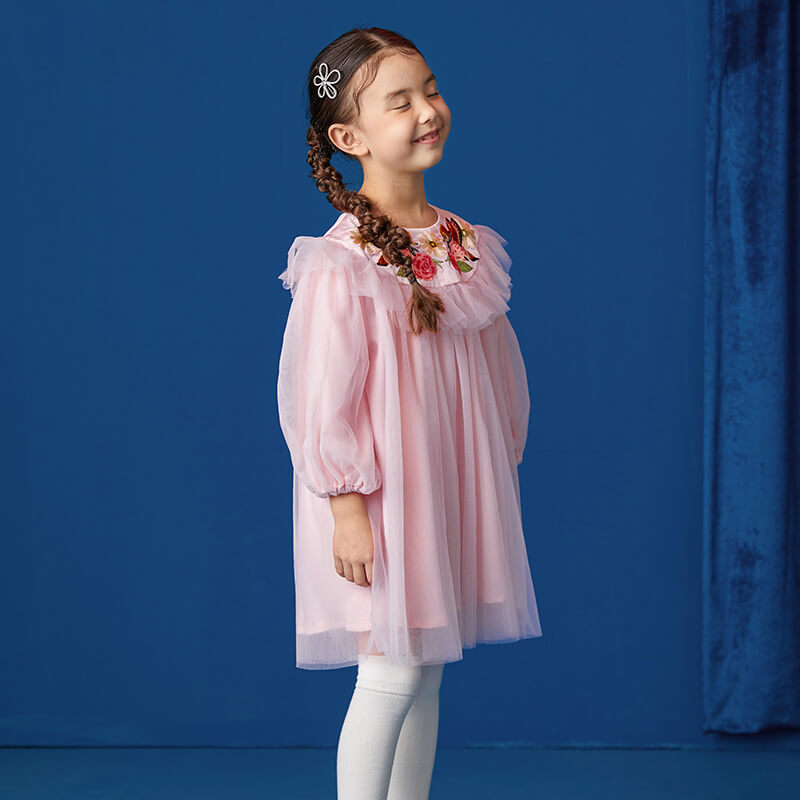 Embroidered Collar Mesh Dress-3 -  NianYi, Chinese Traditional Clothing for Kids